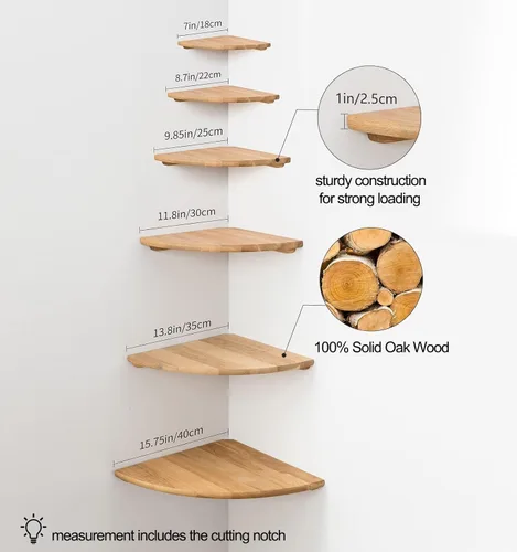 Miniatura 6 de Estante Esquinero, Estante Esquinero Flotante de Madera de Roble Macizo de 7 pulgadas Montaje en Pared Extremo Redondo Estantes Flotantes