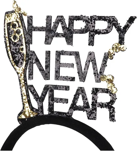 Miniatura 2 de Dzrige Diadema de feliz año nuevo con copas de vino tinto, copas de vino doradas y negras con purpurina para Año Nuevo para Año Nuevo, carnaval