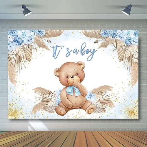 Miniatura 4 de Avezano Telón de fondo bohemio para baby shower para decoración de fiesta de niños, hierba azul de las pampas, con texto en inglés "It's a Boy