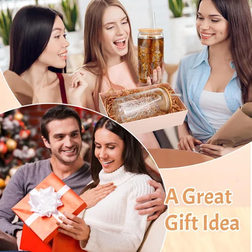 Miniatura 6 de Bokon 3 tazas de vidrio para regalo de dama de honor de 16 onzas, tazas de café helado floral con tapas de bambú y cepillo para pajitas, lindos