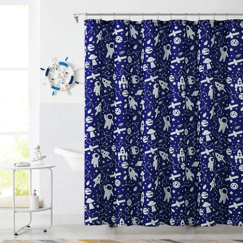 Central Park - Cortinas de ducha azul marino para baño de niños, resistentes al agua, con tema de espacio y planeta, patrón de dibujos animados