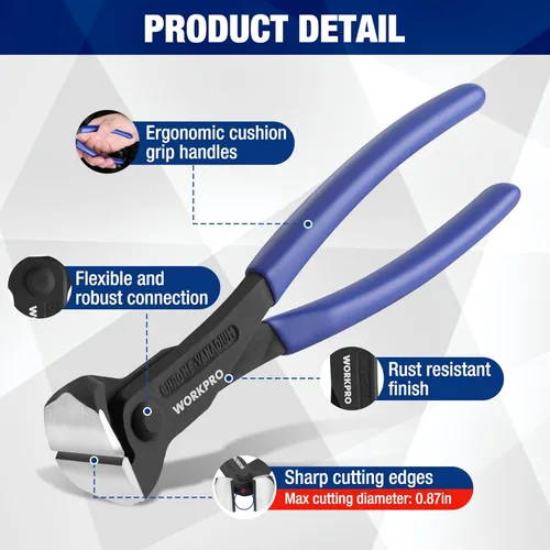 Miniatura 3 de WORKPRO Alicates de corte final de 8 pulgadas con extractor de uñas - Acabado negro en acero cromo vanadio, pinza de corte final de alto