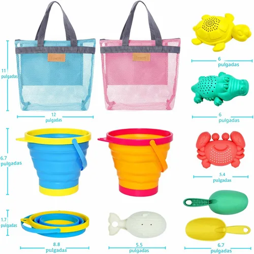 Miniatura 6 de Juguetes de playa plegables para niños y bebés, juego de cubos de arena y palas plegables con bolsas de malla y moldes de arena, juguetes de arena