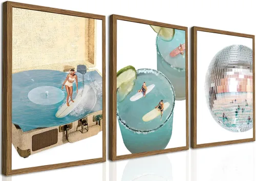 Framed Trendy Blue Coastal Wall Art Set of 3, Preppy Disco Ball Beach Wall Decor Pictures, Girly Y2K Retro Surf Paintings Canvas Prints Aesthetic