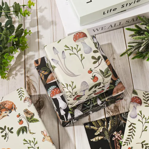 Miniatura 5 de AnyDesign Papel de regalo, papel de regalo de hongos de animales negros y blancos, plegado a granel, papel de arte plano con estampado de jirafa