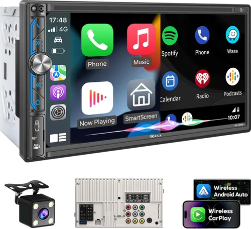 PLZ Radio Estéreo de Coche de 7" Inalámbrico Doble DIN Apple Carplay para Receptores de Audio de Coche, Pantalla de Reproducción de Coche Bluetooth