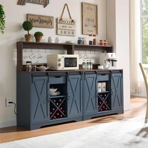 Miniatura 4 de Wnutrees Armario de barra de café de granja con estación de carga y puertos USB, puerta corrediza de granero, aparador de cocina de 39 pulgadas, Azul