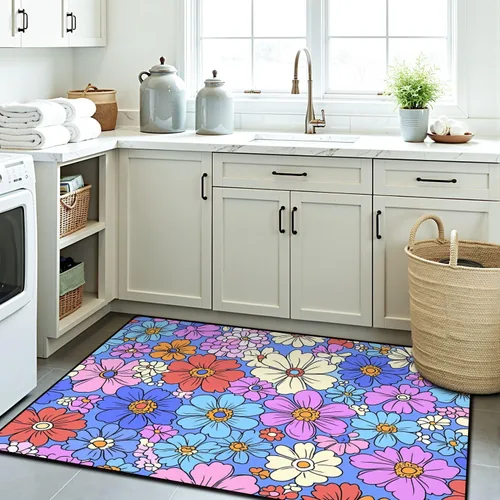 Miniatura 8 de Alfombra colorida estilo retro de los años 60 y 70 dibujada a mano, floral, lila, púrpura, flores, alfombra de juego para exteriores, alfombra