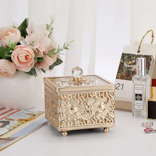 Miniatura 2 de Hipiwe Caja de Joyería de Metal Tallada con Tapa de Vidrio, Organizador Cuadrado de Baratijas con Espejo Dorado, Cofre del Tesoro para Anillos