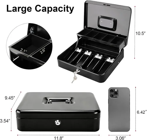 Miniatura 3 de Jssmst - Caja de efectivo de metal grande con bandeja de dinero,Caja de bloqueo