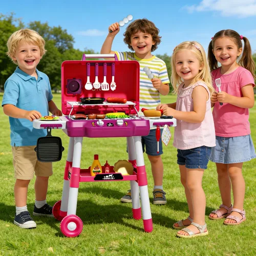 Miniatura 7 de Parrilla de juguete para niños, juego de parrilla de barbacoa con luz y sonido, efecto de humo y 2 ruedas, comida de juguete, accesorios de cocina