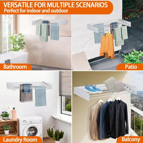 Miniatura 7 de FOCHIER F Tendedero de Ropa de Pared Tendedero de Secado Plegable con 5 Varillas de Aluminio y Plantilla de Perforación Broca de Destornillador Negro