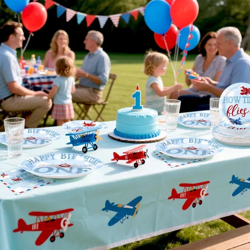 Miniatura 7 de 96 piezas de decoraciones de primer cumpleaños de avión para niños, juegos de platos y servilletas de primer cumpleaños de avión rojo y azul