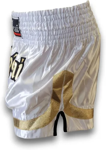 Miniatura 6 de MMA Boxeo Muay Thai Shorts en satén blanco negro oro corte letras