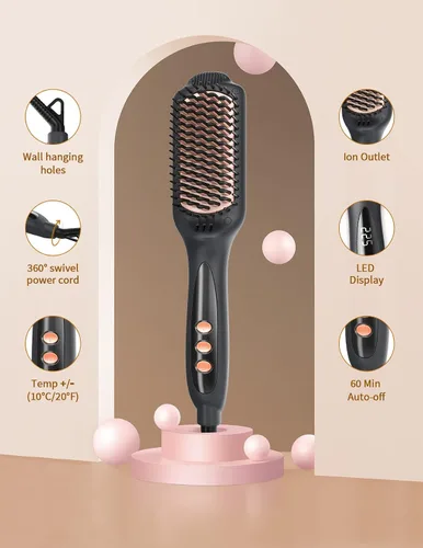 Miniatura 6 de LANDOT Cepillo alisador de cabello para cabello grueso y rizado, cepillo alisador de cerámica iónica con cerdas densas y 12 ajustes de temperatura
