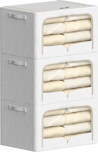 Miniatura 13 de FHSQX Paquete de 3 contenedores de almacenamiento de ropa, caja de almacenamiento plegable con marco de metal, juego organizador apilable de tela