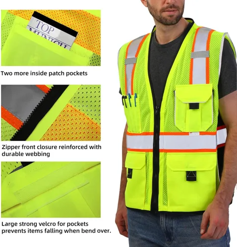 Miniatura 3 de Dib Safety - Chaleco reflectante amarillo de malla, chaleco de alta visibilidad con bolsillos y cremallera, ANSI clase 2 de servicio pesado, hecho