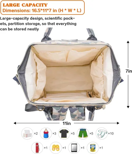 Miniatura 4 de LIMHOO Mochila para pañales para hombres y papá, bolsa de pañales de lona grande impermeable de camuflaje, bolsa para el cuidado del bebé