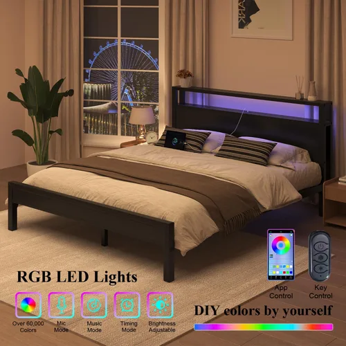 Miniatura 4 de LoVinson Full Size Bed Frame with Charging Station and LED Light, Metal Platform Bed with Storage Headboard, Noise Free, No Box Spring Needed, Easy