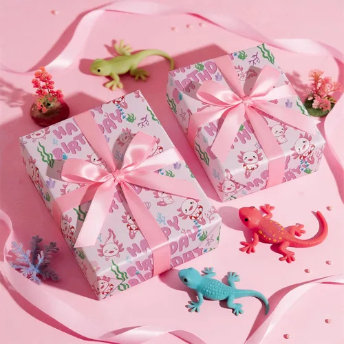 Miniatura 5 de RUSPEPA - Rollo de papel de regalo de cumpleaños para niñas, mini rollo, lindo diseño de ajolote y submarino con texto de feliz cumpleaños