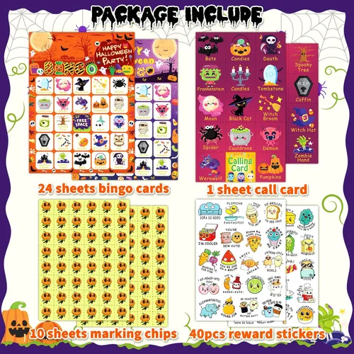Miniatura 2 de Tarjetas de bingo de Halloween de MonEnfance, juego de bingo de Halloween para 24 jugadores para niños y adultos con pegatinas divertidas, lindo