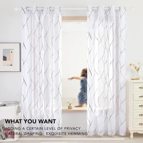 Miniatura 6 de Deconovo - Cortinas translúcidas con patrón de ondas impresas en lámina de aluminio, con aspecto de lino, juego de 2 paneles de cortinas de gasa