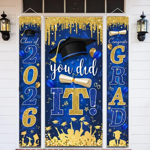 Miniatura 12 de Decoraciones de graduación negras y doradas para la clase de 2026 con texto en inglés "Congrats Grad and You Did It" para suministros de fiesta