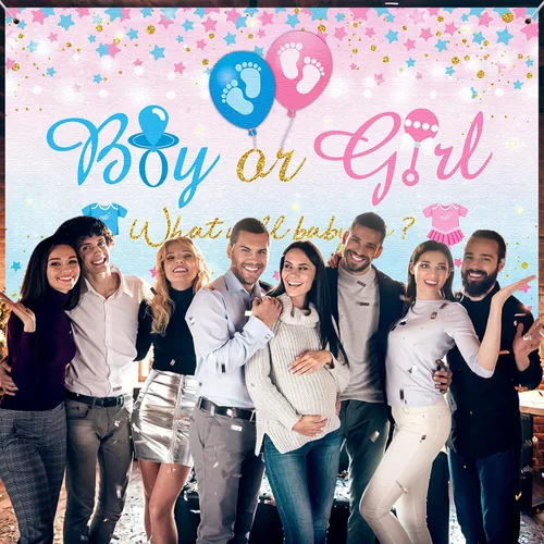 Miniatura 7 de Fondo de revelación de género para niño o niña, fondo azul y rosa para fiesta de revelación de género, cartel con texto en inglés «What Will Baby