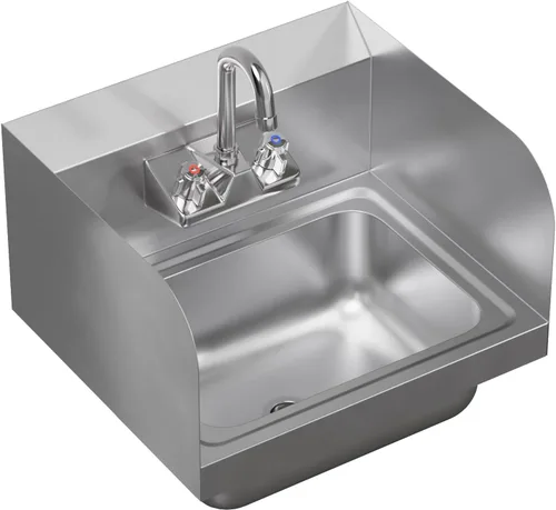 Miniatura 8 de AmGood Fregadero de mano de acero inoxidable para montaje en pared con grifo y salpicadura lateral de 17 x 15 pulgadas Lavabo de manos comercial