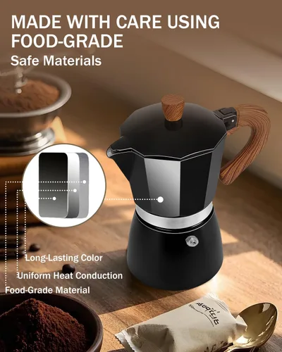 Miniatura 6 de Cafetera de café para estufa, cafetera de expreso de 3 tazas, olla de moka de aluminio, percolador de 5 oz 150 ml, fácil de preparar para estufas