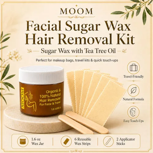 Miniatura 2 de MOOM Kit de cera orgánica de viaje con aloe, aceite de árbol de té y manzanilla para la cara, esmalte de cera de azúcar natural con 6 tiras de tela