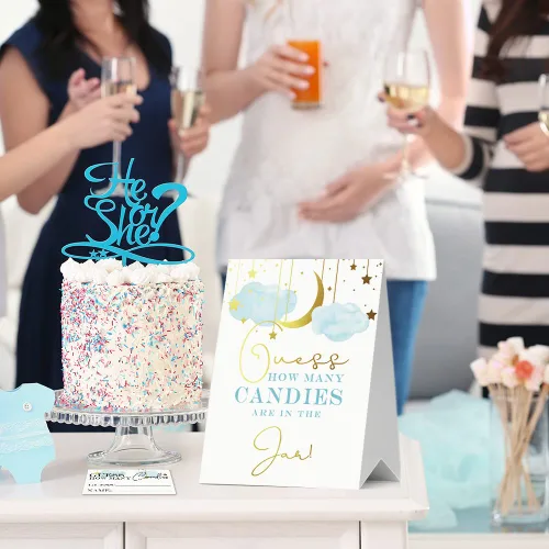 Miniatura 5 de Guess How Many Candies Baby Shower Games, paquete de 1 logotipo y 50 tarjetas, estrella y luna dorada, nube azul, letreros de baby shower, juego