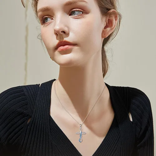 Miniatura 2 de KQF Collares de cruz para mujer, plata de ley, ópalo azul, colgante de cruz de fe, collar de Navidad, cumpleaños, joyería de regalo para mujeres