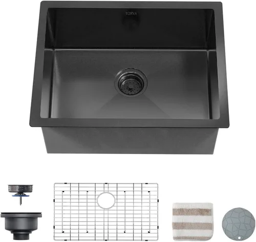 Miniatura 2 de TORVA - Fregadero de cocina de montaje bajo con revestimiento cerámico negro brillante de 25 x 18 pulgadas con NanoTek, fregadero de acero