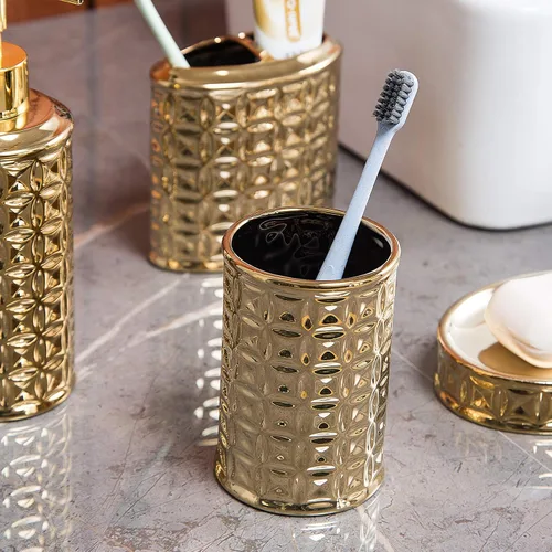 Miniatura 3 de Juego de accesorios de baño dorados, 4 piezas de cerámica para decoración de baño, incluye dispensador de loción, soporte para cepillos de dientes