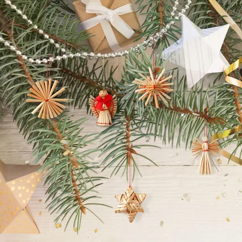Miniatura 6 de Juego de 56 adornos de paja escandinavos de Navidad, incluyendo estrellas, copos de nieve, corazones, corona de ángel, cabras/julbuck para árbol
