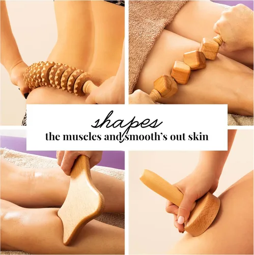 Miniatura 4 de Tuuli Accesorios - Juego de 4 masajes de madera, incluye rodillo muscular, taza de masaje para celulitis y herramienta de drenaje linfático, ayuda a