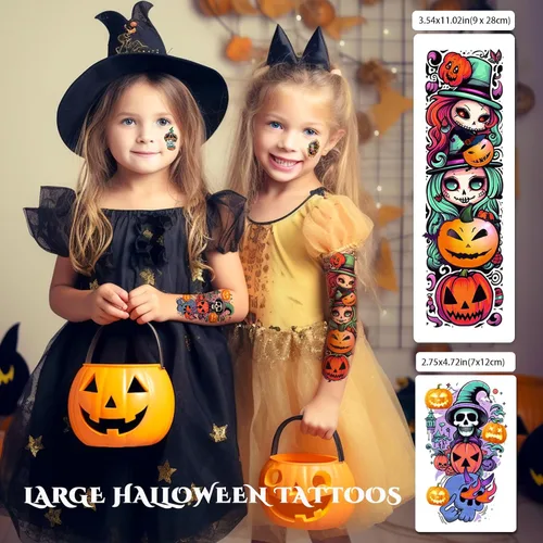 Miniatura 2 de Tatuaje temporal de brazo completo para niños, 52 hojas de tatuajes falsos de Halloween realistas para niños y niñas, recuerdos de fiesta