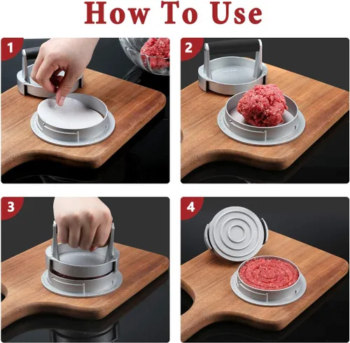 Miniatura 3 de OVOS Prensa de hamburguesas de grosor ajustable 3 en 1, molde antiadherente de aluminio para hacer hamburguesas con 100 papeles de cera