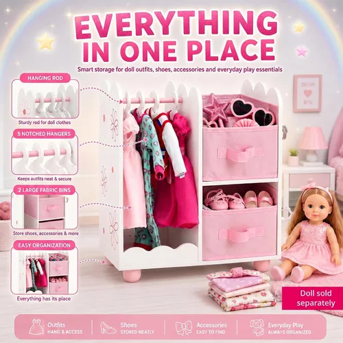 Miniatura 3 de Emily Rose Organizador de armario de muñecas de 18 pulgadas, armario de almacenamiento abierto con perchas y contenedores de ropa, muebles de madera