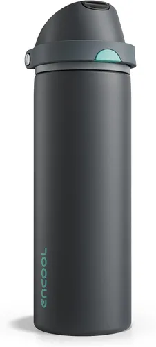 ENCOOL Botella de agua aislada con popote, botella de agua de acero inoxidable con tapa de botón, a prueba de fugas y sin BPA, mantiene el frío Atún