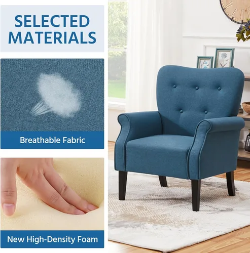 Miniatura 5 de Yaheetech Sillón moderno, silla decorativa de mediados de siglo con patas de madera resistentes y respaldo alto para espacios pequeños, sofá Azul