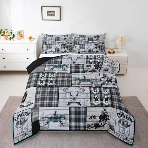 Miniatura 26 de Juego de edredón de vaquero, tamaño King, juego de ropa de cama de herradura con estrellas del oeste de Texas para adultos, hombres y niños, ropa