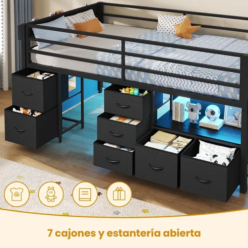 Miniatura 4 de ADORNEVE Cama baja tipo loft tamaño individual con 7 cajones de almacenamiento, estantería y luces LED, cama alta de metal para niños con barandilla