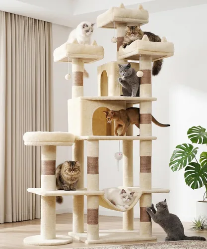 PMT03BW - Árbol para gatos de interior, torre grande de 71 pulgadas con poste rascador y percha superior, hamaca, condominio para gatos adultos,