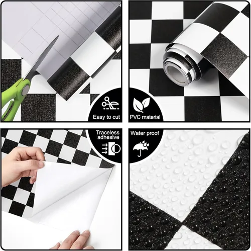 Miniatura 3 de Papel tapiz de tablero de ajedrez para despegar y pegar, papel de pared blanco y negro de 17.3 x 160 pulgadas, papel de contacto de mosaico