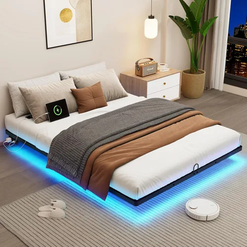 Miniatura 9 de Twin XL Size Floating Metal Bed Frame with Smart LED Lights & Charging Station, Metal Platform Bed Base No Box Spring Needed, Easy Assembly, Noise