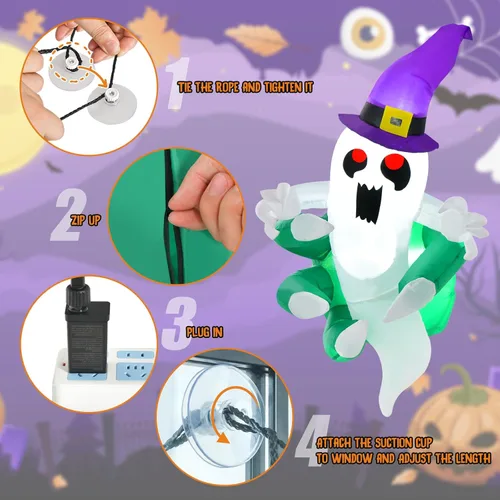 Miniatura 7 de Tangkula Fantasma inflable de Halloween de 3.6 pies que estalló de la ventana, fantasma espeluznante de ventana colgante con luces LED, decoración