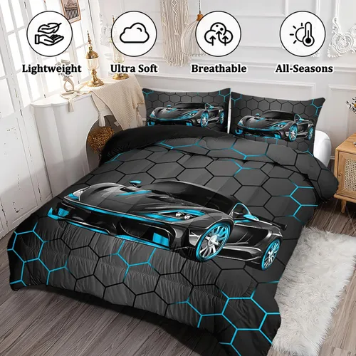 Miniatura 3 de Juego de Ropa de Cama Individual para Niños con Coches de Carrera, Juego de Edredón de Tamaño Individual con Coche Deportivo Azul para Niños, Juego