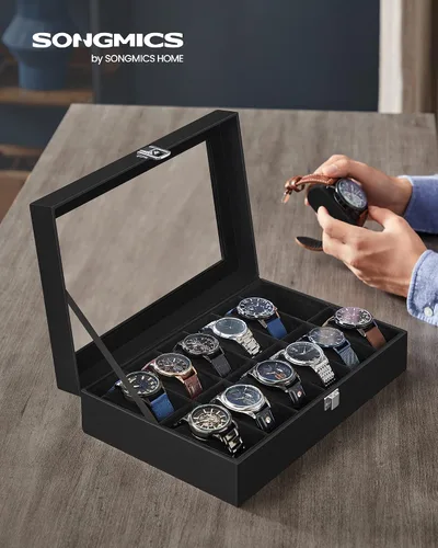 Miniatura 2 de SONGMICS Caja de reloj caja de reloj de 12 ranuras con tapa de cristal grande almohadas de reloj extraíbles organizador de caja de reloj regalo